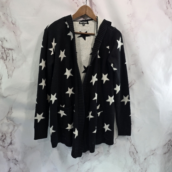 Hot Topic Cardigan Women Medium Black White Open Front Sweater Star Print Hood - Picture 1 of 13
